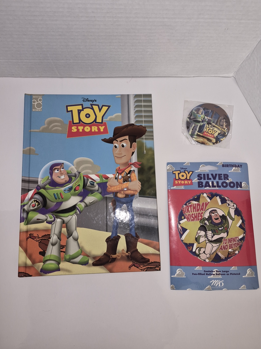 Vintage Disney Toy Story Hard Cover Book, Buzz Lightyear Silver Balloon & Pin